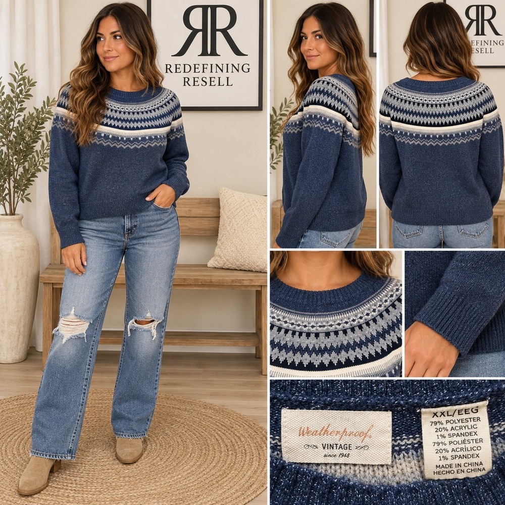 Weatherproof Vintage Blue Fair Isle Yoke Crewneck Sweater XXL